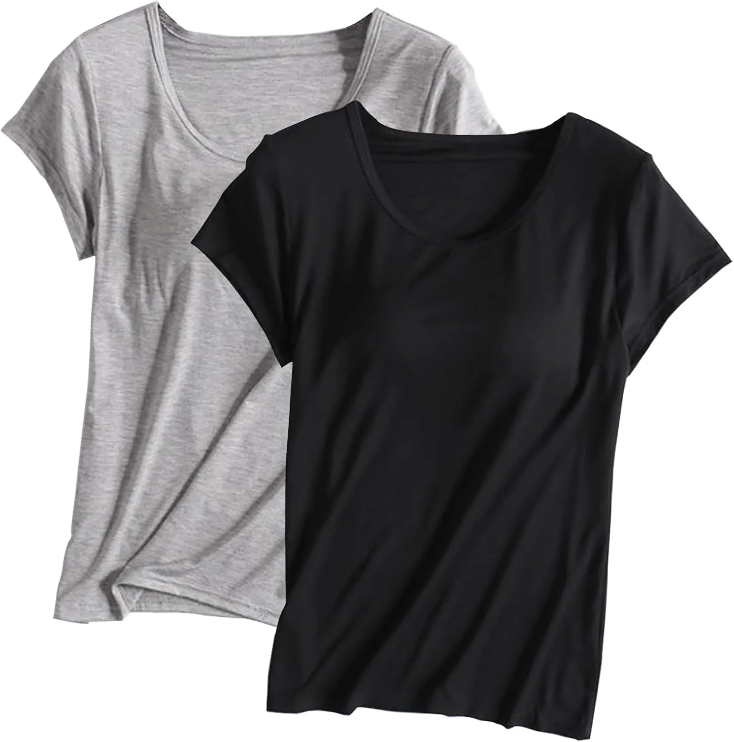 2 Pack Tops with Built in Bra for Women Short Sleeve Crewneck Solid Basic Tee Shirts Summer Loose Fit Soft Pajama Tops