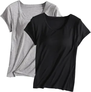 2 Pack Tops with Built in Bra for Women Short Sleeve Crewneck Solid Basic Tee Shirts Summer Loose Fit Soft Pajama Tops