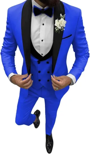 3 Piece Mens Tuxedo Suit Set Double Breasted Suit Men Slim Fit Tuxedo Suits with Bow for Groom Wedding Prom