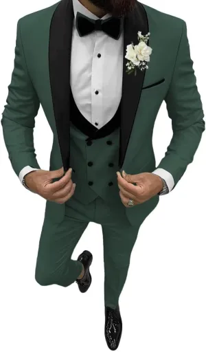 3 Piece Mens Tuxedo Suit Set Double Breasted Suit Men Slim Fit Tuxedo Suits with Bow for Groom Wedding Prom