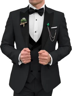 3 Piece Mens Tuxedo Suit Set Double Breasted Suit Men Slim Fit Tuxedo Suits with Bow for Groom Wedding Prom