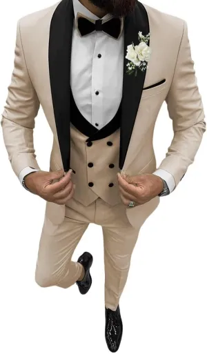 3 Piece Mens Tuxedo Suit Set Double Breasted Suit Men Slim Fit Tuxedo Suits with Bow for Groom Wedding Prom