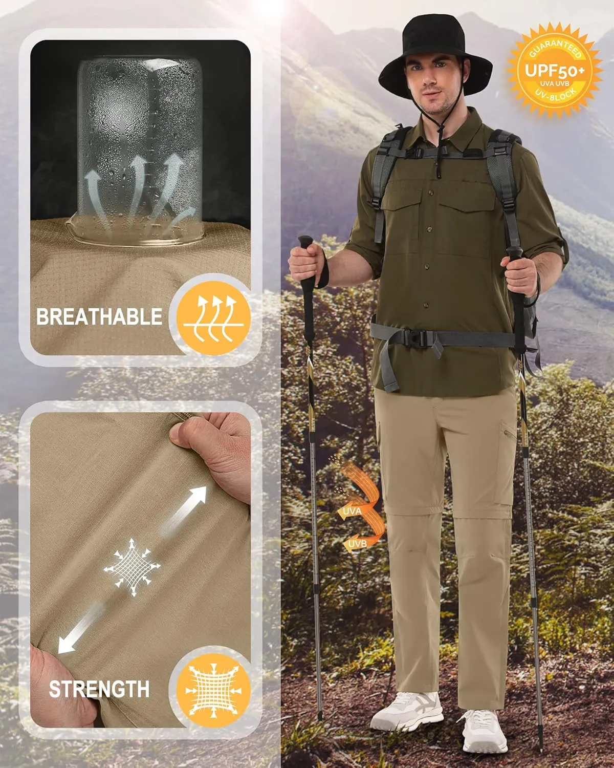 33,000ft Mens Hiking Pants Convertible Zip Off Lightweight Quick Dry Stretch UPF 50  Travel Fishing Pants Wind Proof