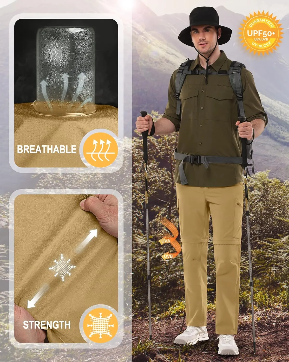 33,000ft Mens Hiking Pants Convertible Zip Off Lightweight Quick Dry Stretch UPF 50  Travel Fishing Pants Wind Proof
