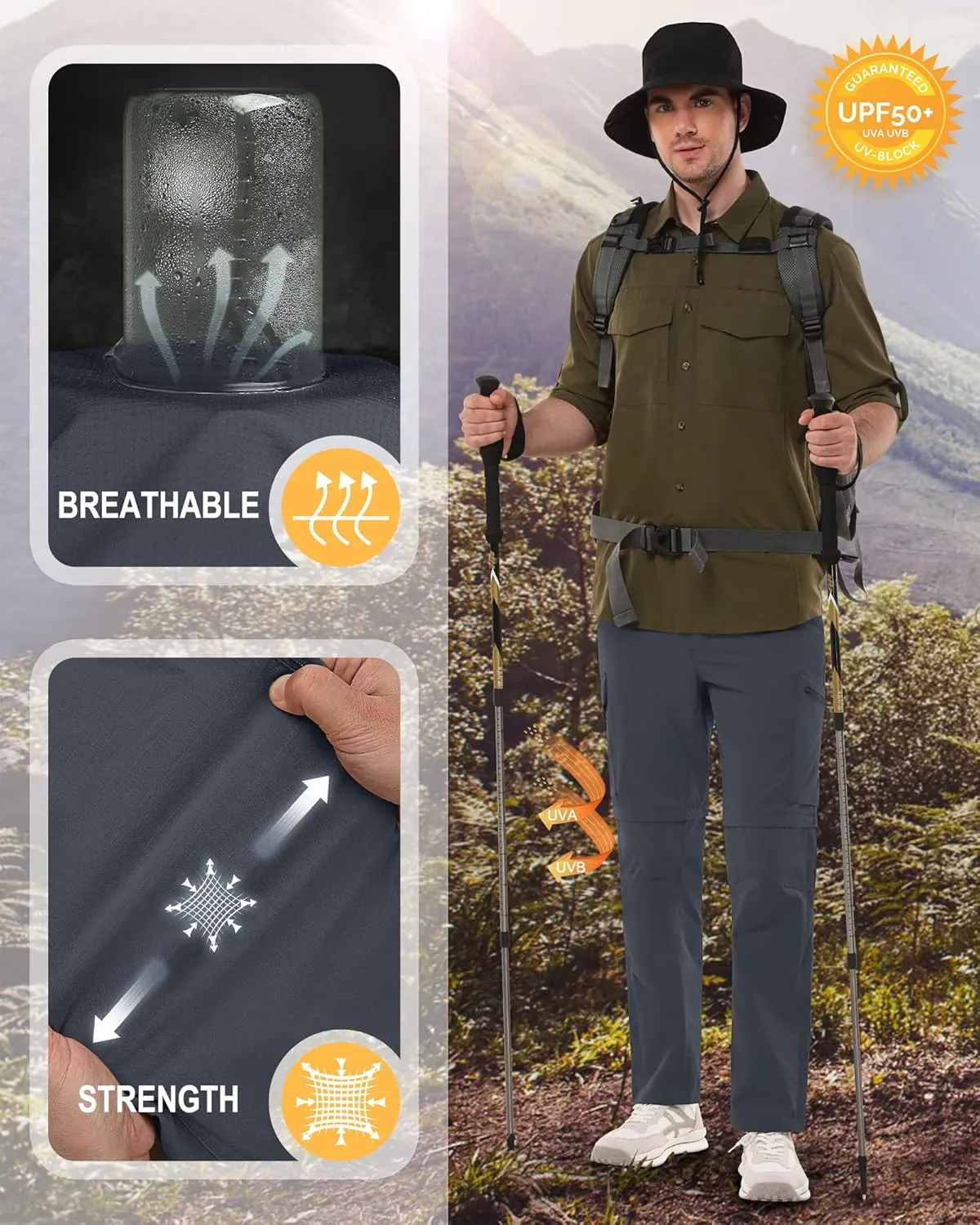 33,000ft Mens Hiking Pants Convertible Zip Off Lightweight Quick Dry Stretch UPF 50  Travel Fishing Pants Wind Proof