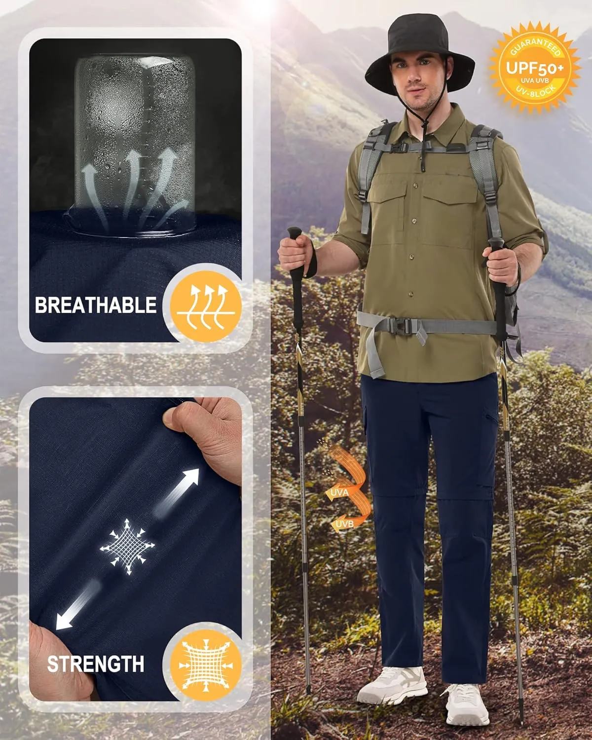 33,000ft Mens Hiking Pants Convertible Zip Off Lightweight Quick Dry Stretch UPF 50  Travel Fishing Pants Wind Proof