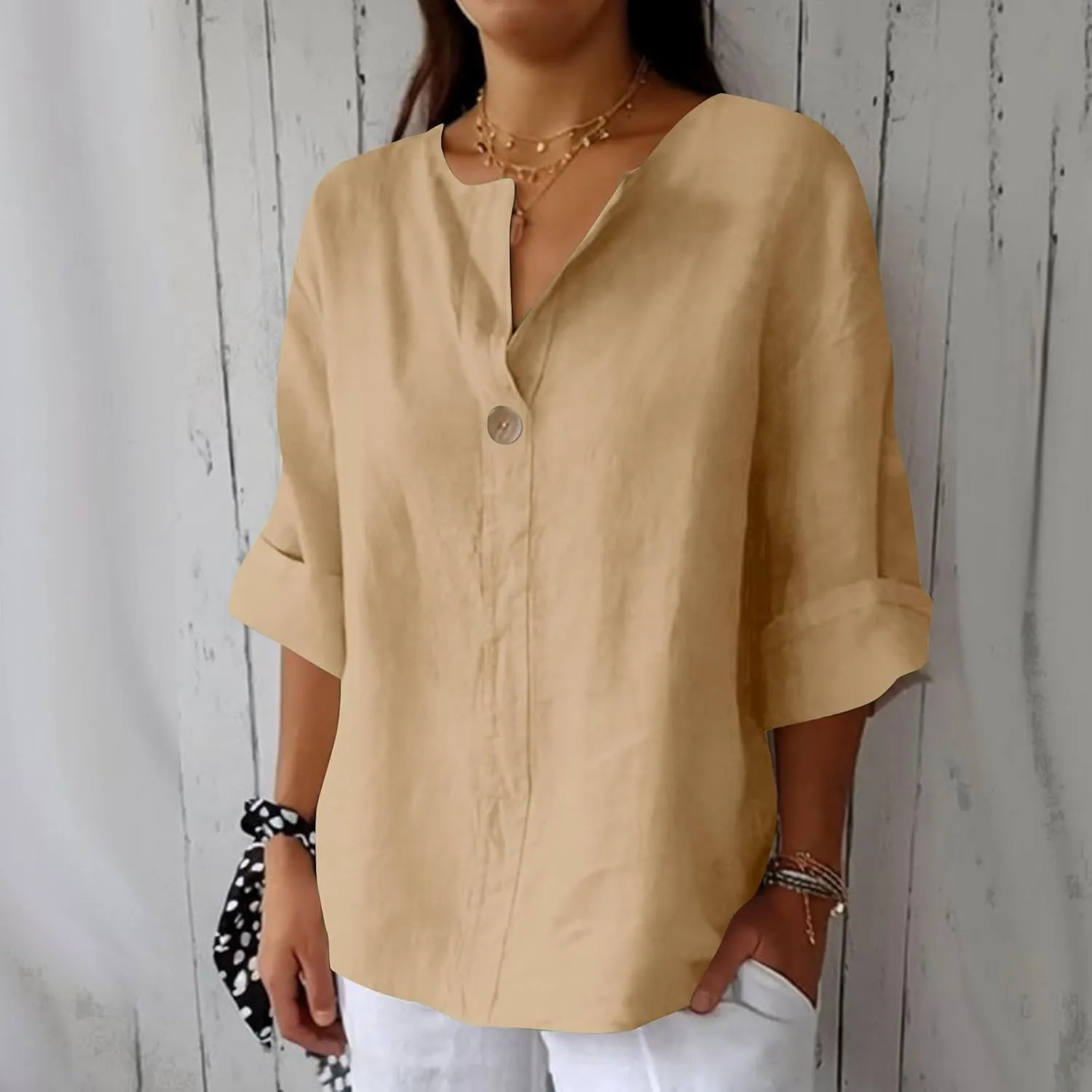 3/4 Sleeve Shirts for Women Solid Color Basic Summer Tops Casual Button V-Neck Pullover Blouse Ladies Tunic Tshirt