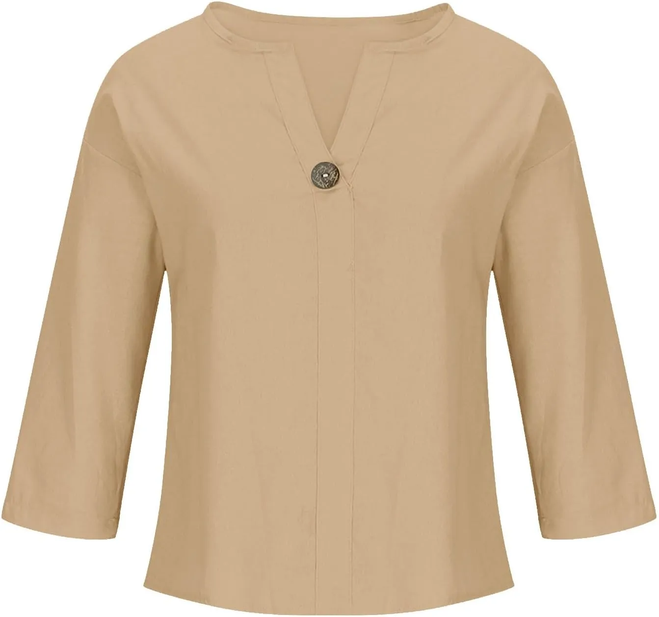 3/4 Sleeve Shirts for Women Solid Color Basic Summer Tops Casual Button V-Neck Pullover Blouse Ladies Tunic Tshirt