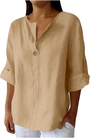 3/4 Sleeve Shirts for Women Solid Color Basic Summer Tops Casual Button V-Neck Pullover Blouse Ladies Tunic Tshirt
