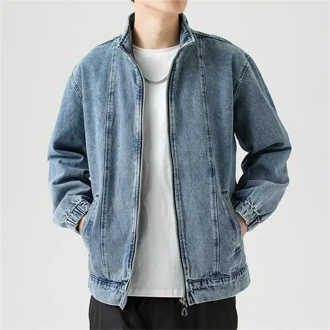 Adhdyuud Men's Spring Motorcycle Denim Jacket Classic Long Sleeves Button Down Biker Zip Jean Coats