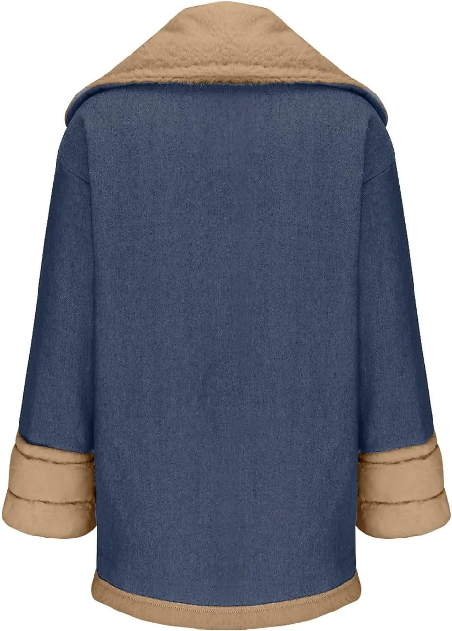 Binmer Winter Denim Coats for Women Vintage Western Fleece Lined Sherpa Jean Jackets Cold Weather Warm Outerwear with Pockets
