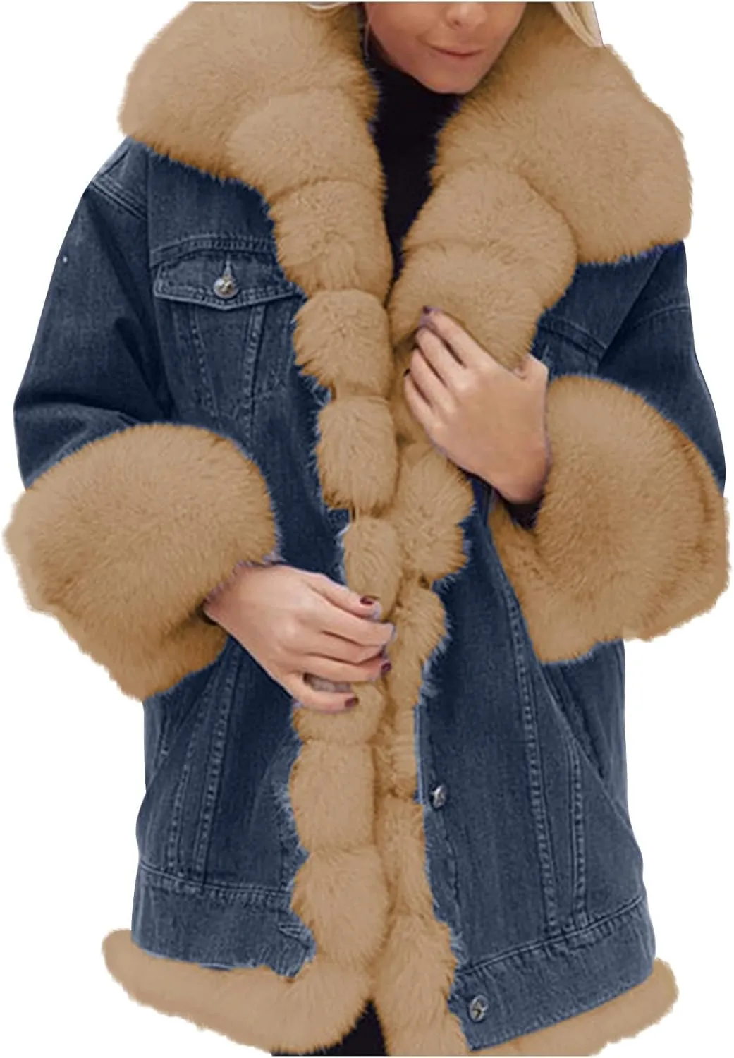 Binmer Winter Denim Coats for Women Vintage Western Fleece Lined Sherpa Jean Jackets Cold Weather Warm Outerwear with Pockets