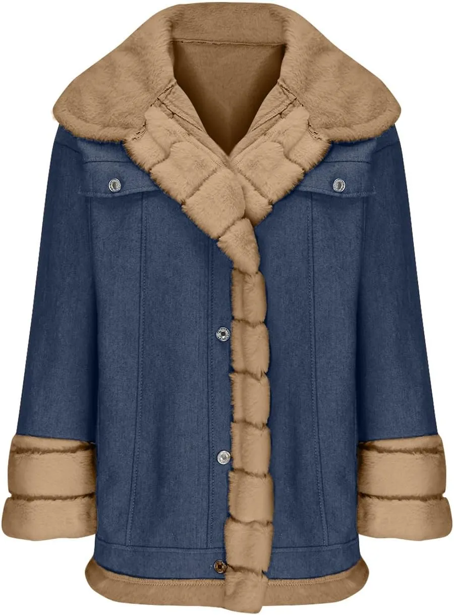 Binmer Winter Denim Coats for Women Vintage Western Fleece Lined Sherpa Jean Jackets Cold Weather Warm Outerwear with Pockets