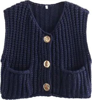 Bozanly Womens Chunky Knit Sweater Vest Cute Button Down Sleeveless Crop Crochet Cardigan Vest 2025