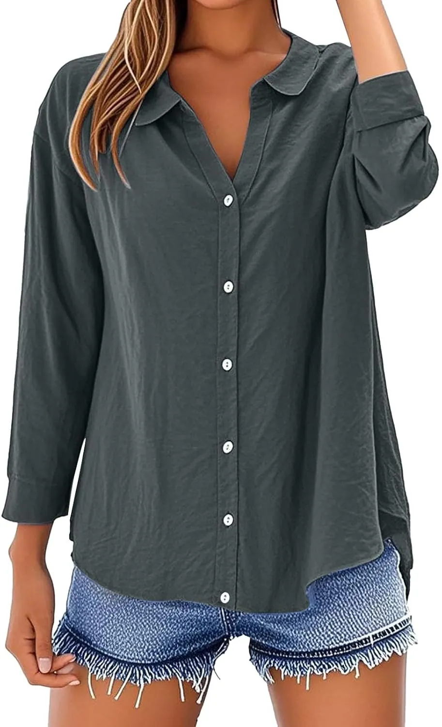 Breathable Linen Button-Up Top - Women's Soft Short Sleeve Blouse, Lightweight, Sheer-Resistant