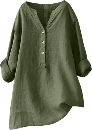 Casual Linen Blouses for Women Long Sleeve V Neck Button Up Shirts Comfy Loose Tunics Blouses Ladies Linen Blouse Top