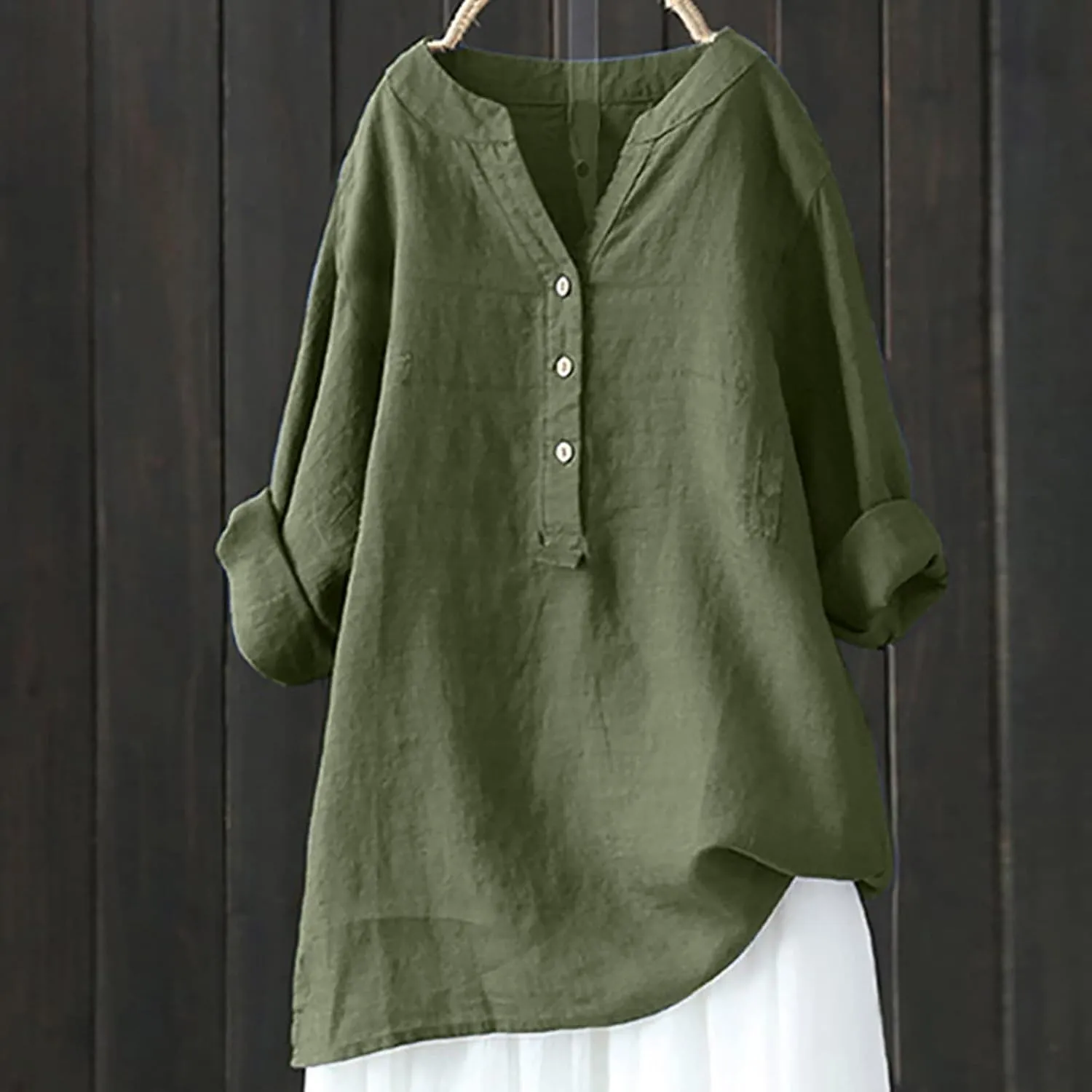 Casual Linen Blouses for Women Long Sleeve V Neck Button Up Shirts Comfy Loose Tunics Blouses Ladies Linen Blouse Top