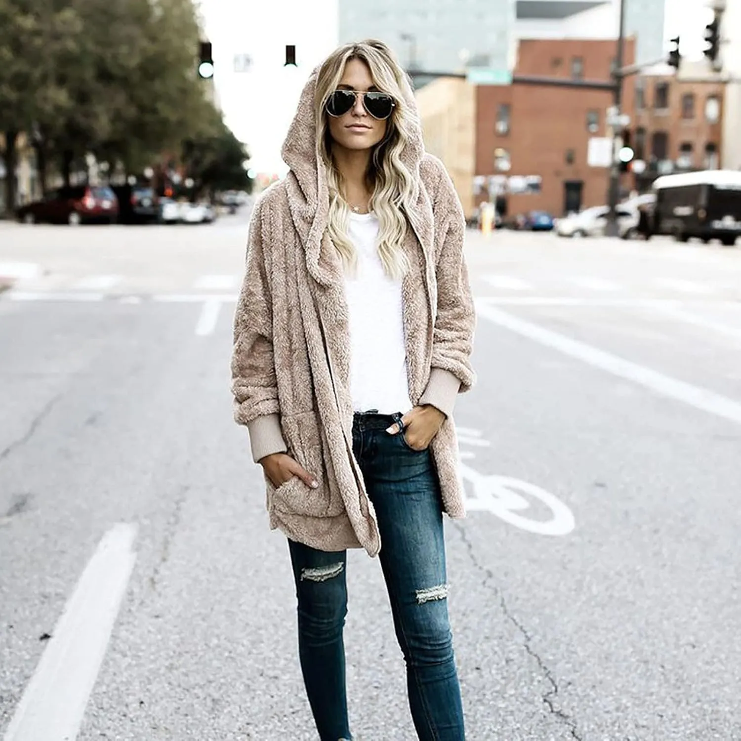 Ceboyel Womens Fleece Teddy Coats 2023 Trendy Hooded Winter Jacket Shaggy Faux Sherpa Cardigans Fashion Warm Clothes