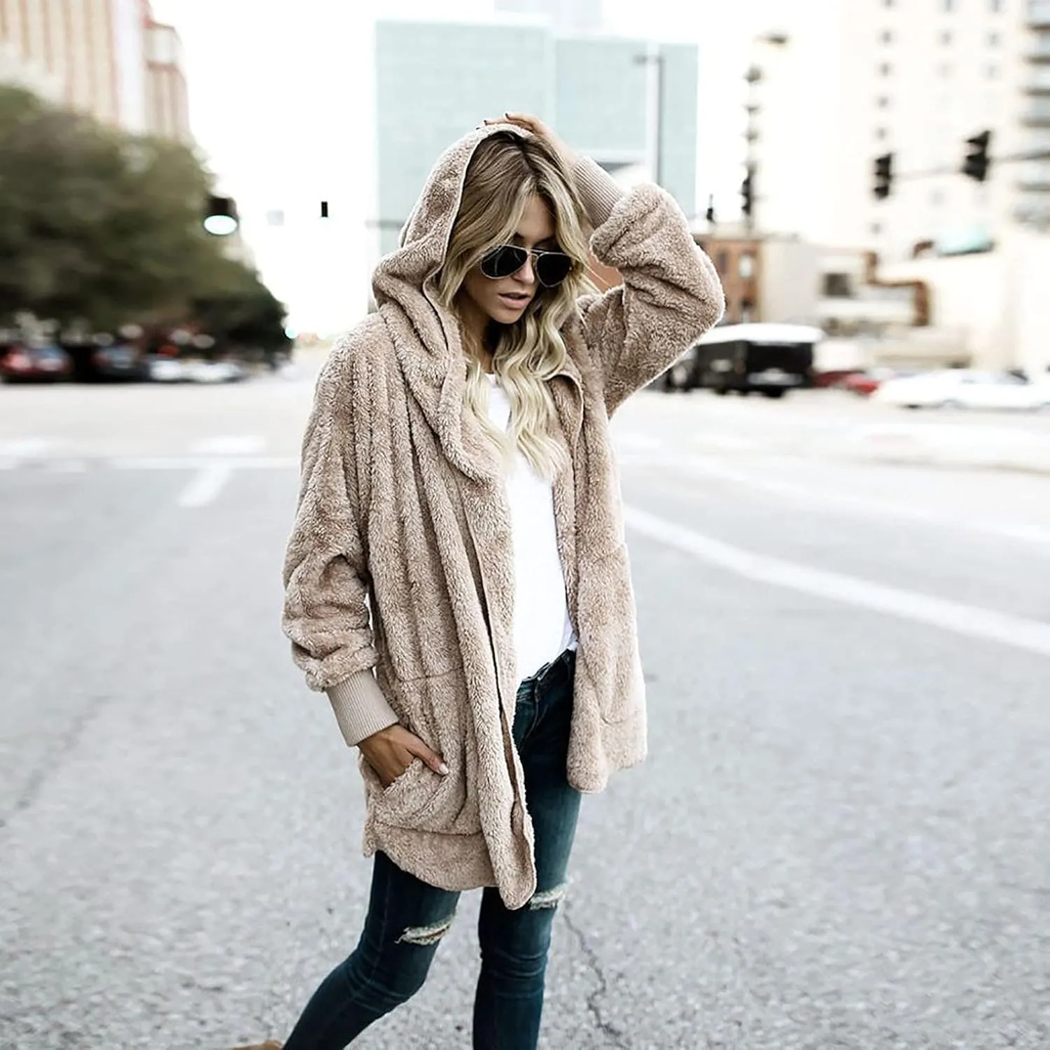 Ceboyel Womens Fleece Teddy Coats 2023 Trendy Hooded Winter Jacket Shaggy Faux Sherpa Cardigans Fashion Warm Clothes