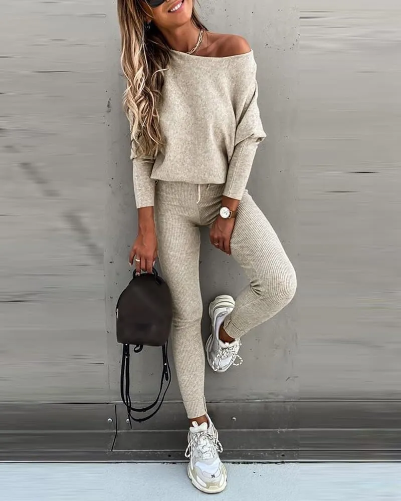 CHICME 2 Piece Lounge Outfit Long Sleeve Knit Pullover Tops Drawstring Pants Set Tracksuit Sweatsuit
