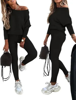 CHICME 2 Piece Lounge Outfit Long Sleeve Knit Pullover Tops Drawstring Pants Set Tracksuit Sweatsuit