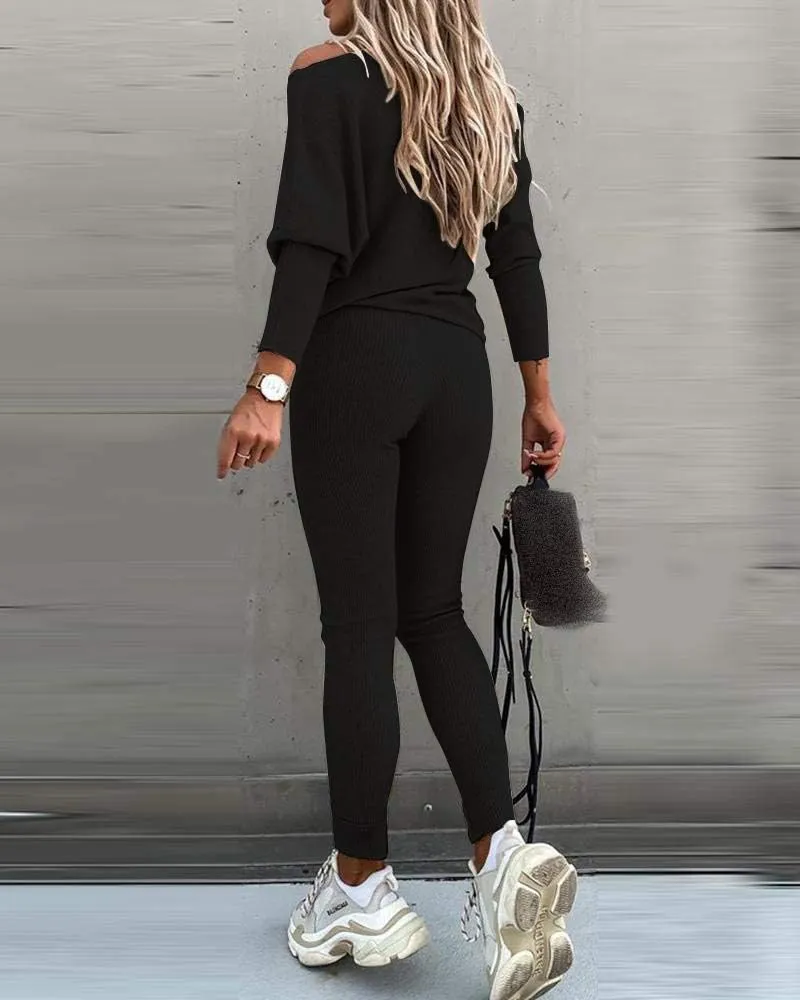 CHICME 2 Piece Lounge Outfit Long Sleeve Knit Pullover Tops Drawstring Pants Set Tracksuit Sweatsuit