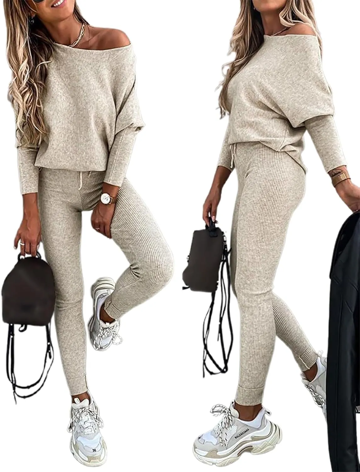 CHICME 2 Piece Lounge Outfit Long Sleeve Knit Pullover Tops Drawstring Pants Set Tracksuit Sweatsuit