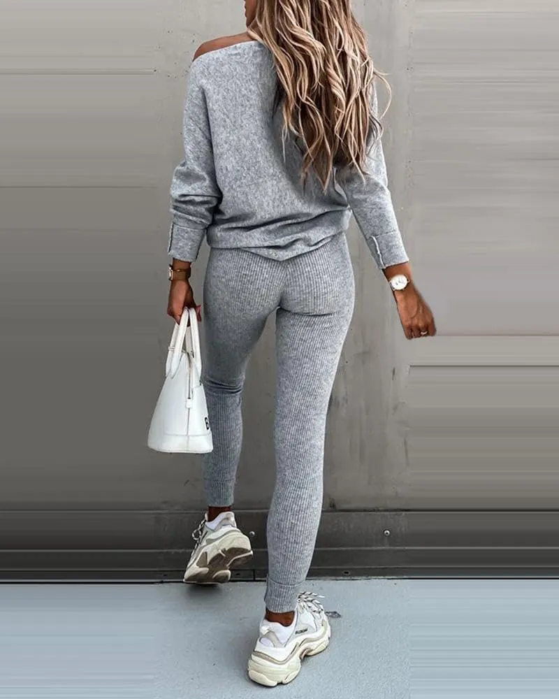 CHICME 2 Piece Lounge Outfit Long Sleeve Knit Pullover Tops Drawstring Pants Set Tracksuit Sweatsuit