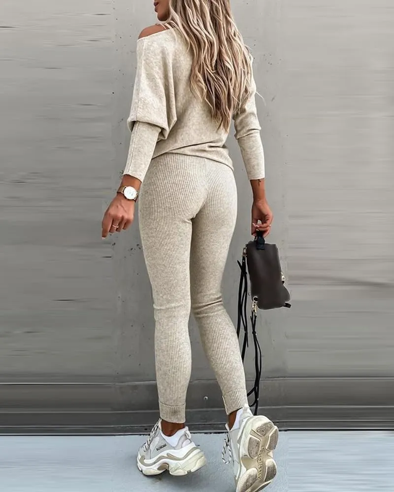 CHICME 2 Piece Lounge Outfit Long Sleeve Knit Pullover Tops Drawstring Pants Set Tracksuit Sweatsuit