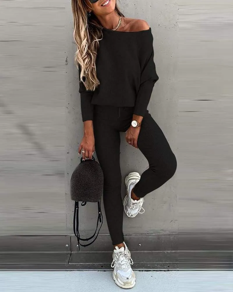 CHICME 2 Piece Lounge Outfit Long Sleeve Knit Pullover Tops Drawstring Pants Set Tracksuit Sweatsuit