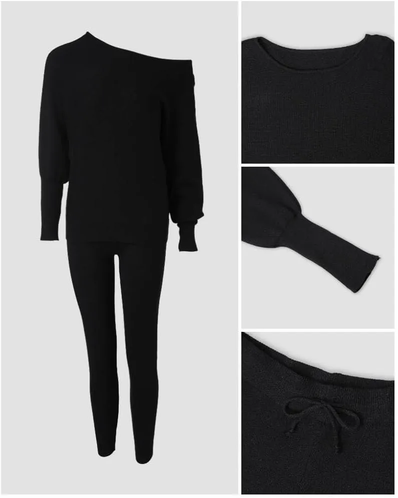 CHICME 2 Piece Lounge Outfit Long Sleeve Knit Pullover Tops Drawstring Pants Set Tracksuit Sweatsuit