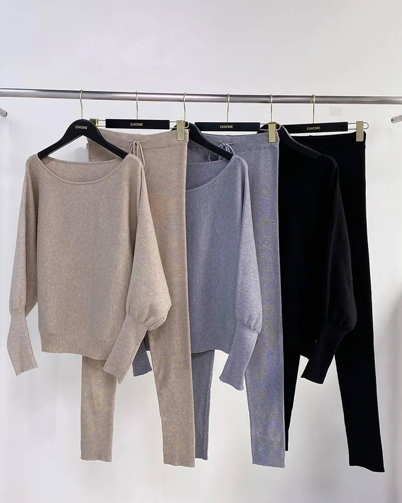 CHICME 2 Piece Lounge Outfit Long Sleeve Knit Pullover Tops Drawstring Pants Set Tracksuit Sweatsuit