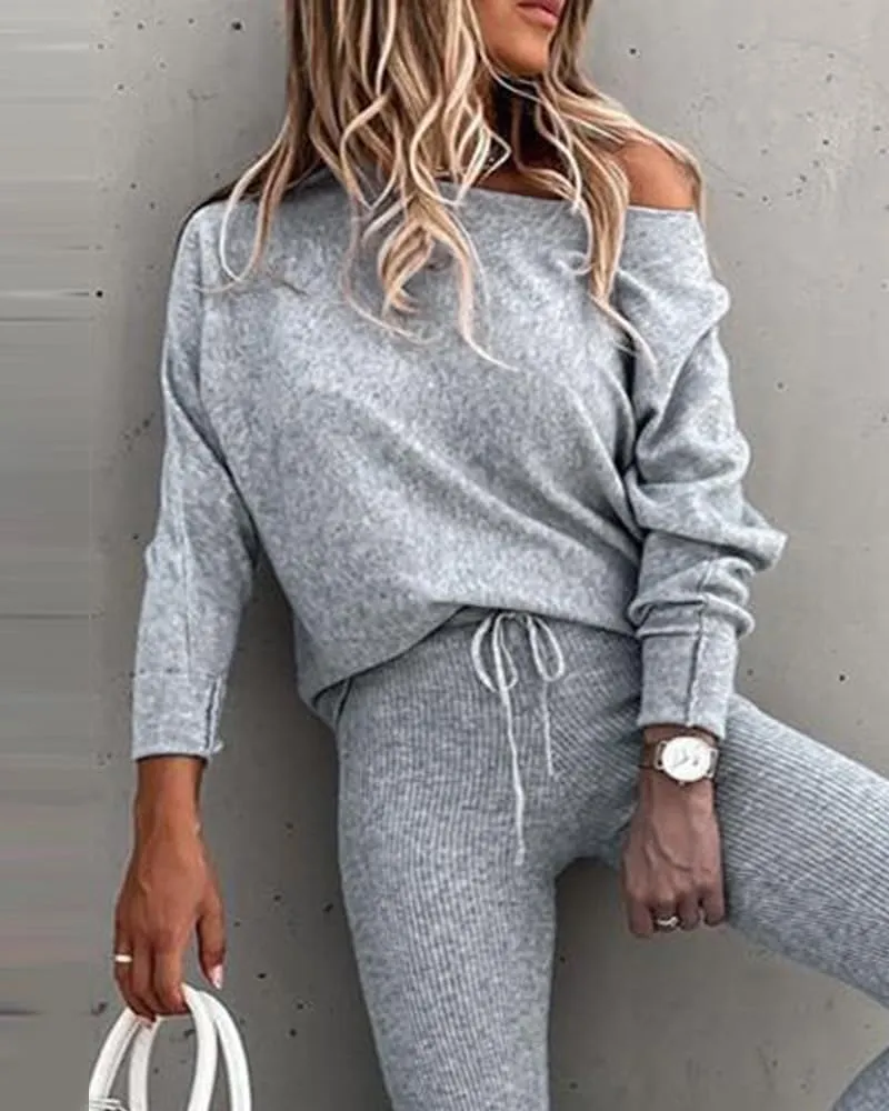 CHICME 2 Piece Lounge Outfit Long Sleeve Knit Pullover Tops Drawstring Pants Set Tracksuit Sweatsuit