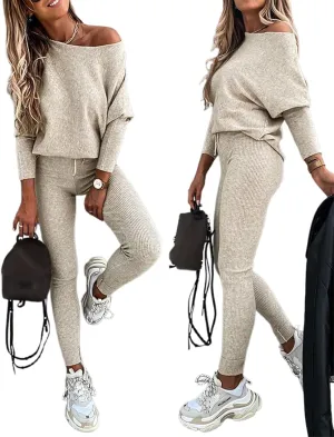 CHICME 2 Piece Lounge Outfit Long Sleeve Knit Pullover Tops Drawstring Pants Set Tracksuit Sweatsuit