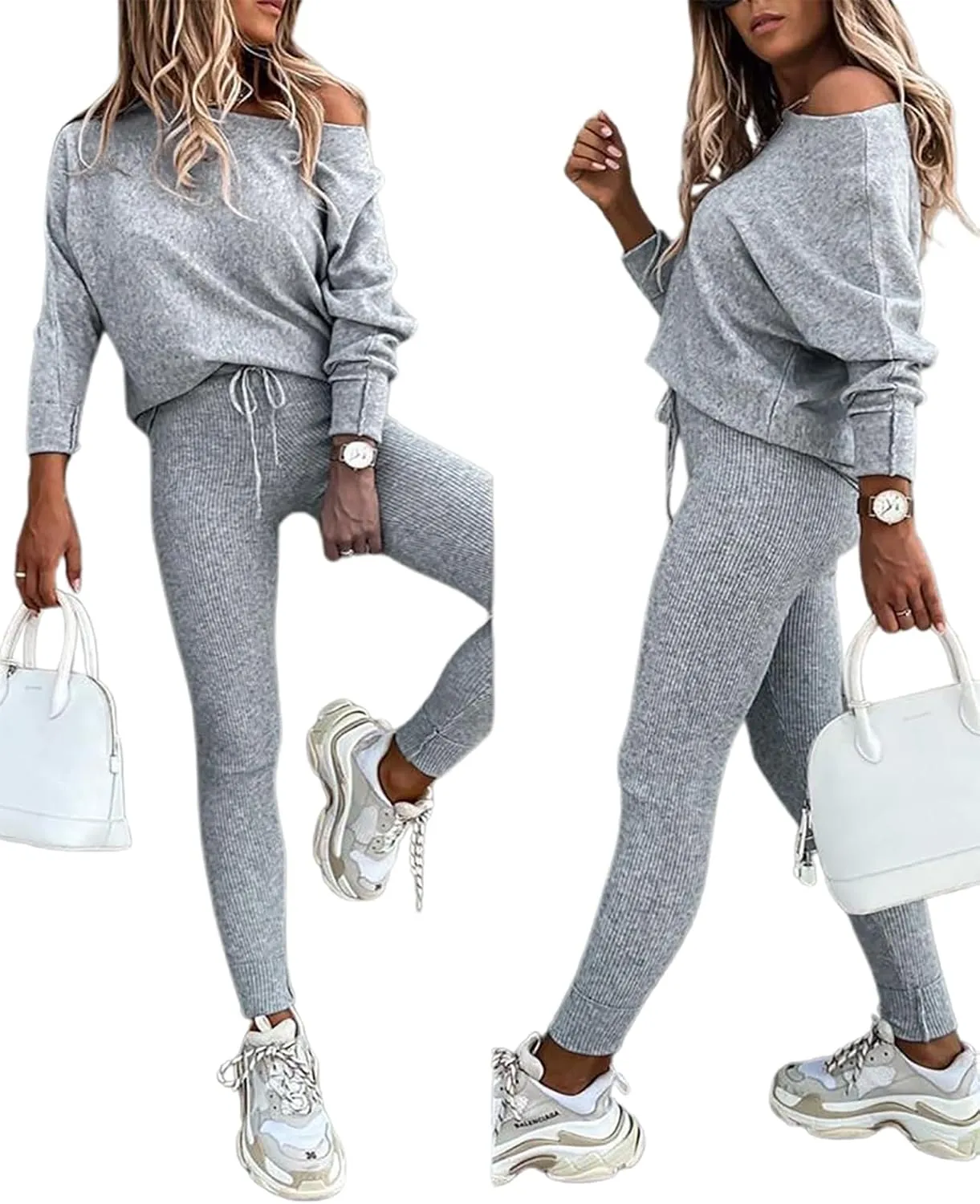 CHICME 2 Piece Lounge Outfit Long Sleeve Knit Pullover Tops Drawstring Pants Set Tracksuit Sweatsuit