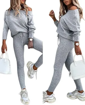 CHICME 2 Piece Lounge Outfit Long Sleeve Knit Pullover Tops Drawstring Pants Set Tracksuit Sweatsuit
