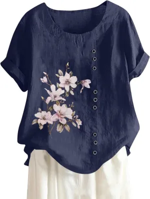 Concert Outfits for Women, Women's Short Sleeve Round Neck Cotton Linen Casual Butterfly Summer T-Shirt