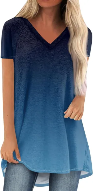 COTECRAM Women's Tops Short Sleeve Dressy Casual Plus Size Tunic Tops to Wear with Leggings V Neck T-Shirt Loose Fit Blouse