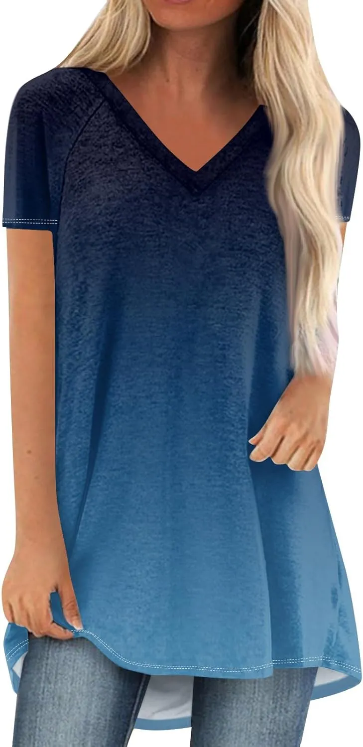COTECRAM Women's Tops Short Sleeve Dressy Casual Plus Size Tunic Tops to Wear with Leggings V Neck T-Shirt Loose Fit Blouse