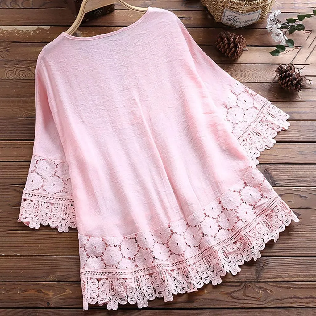Cotton Linen Blouse for Women Summer 3/4 Sleeve Lace Patchwork Boho Tops Casual Loose Hollow Out Beach Vacation Tees