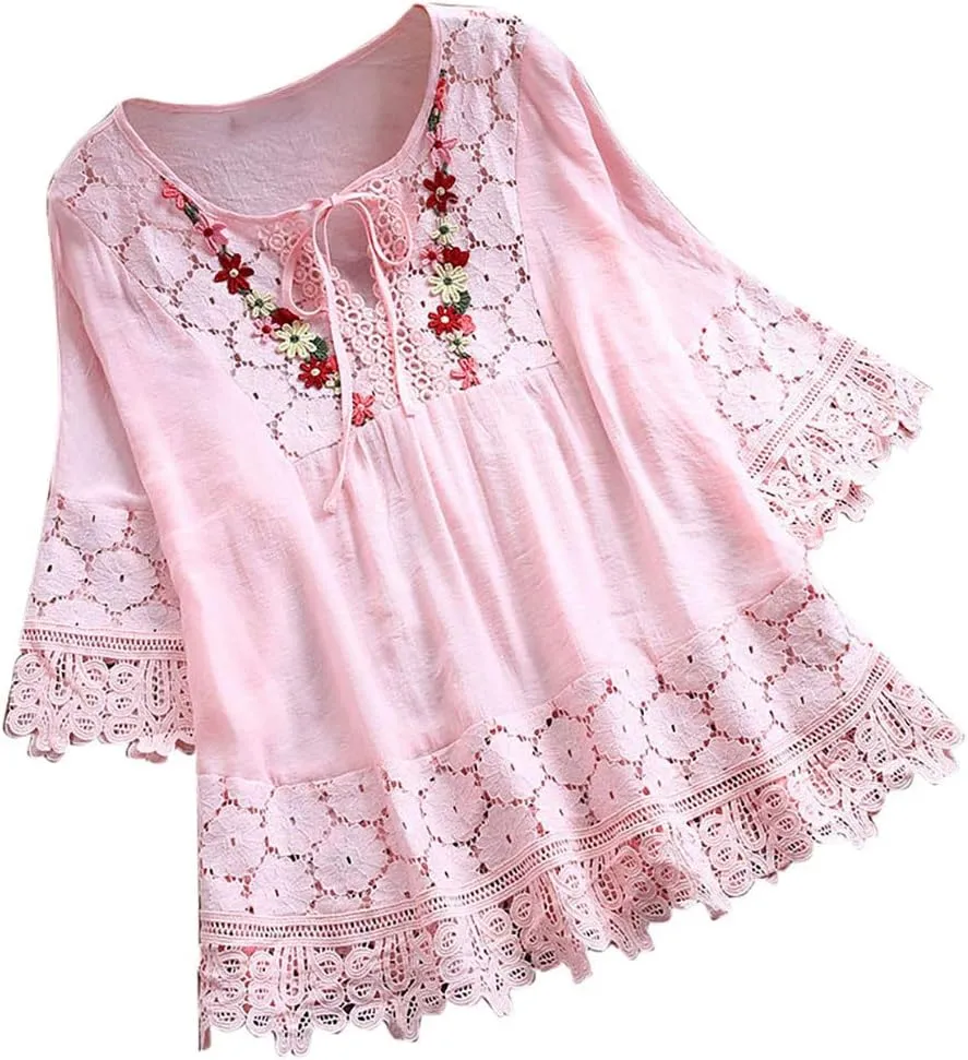 Cotton Linen Blouse for Women Summer 3/4 Sleeve Lace Patchwork Boho Tops Casual Loose Hollow Out Beach Vacation Tees