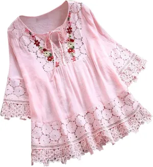 Cotton Linen Blouse for Women Summer 3/4 Sleeve Lace Patchwork Boho Tops Casual Loose Hollow Out Beach Vacation Tees