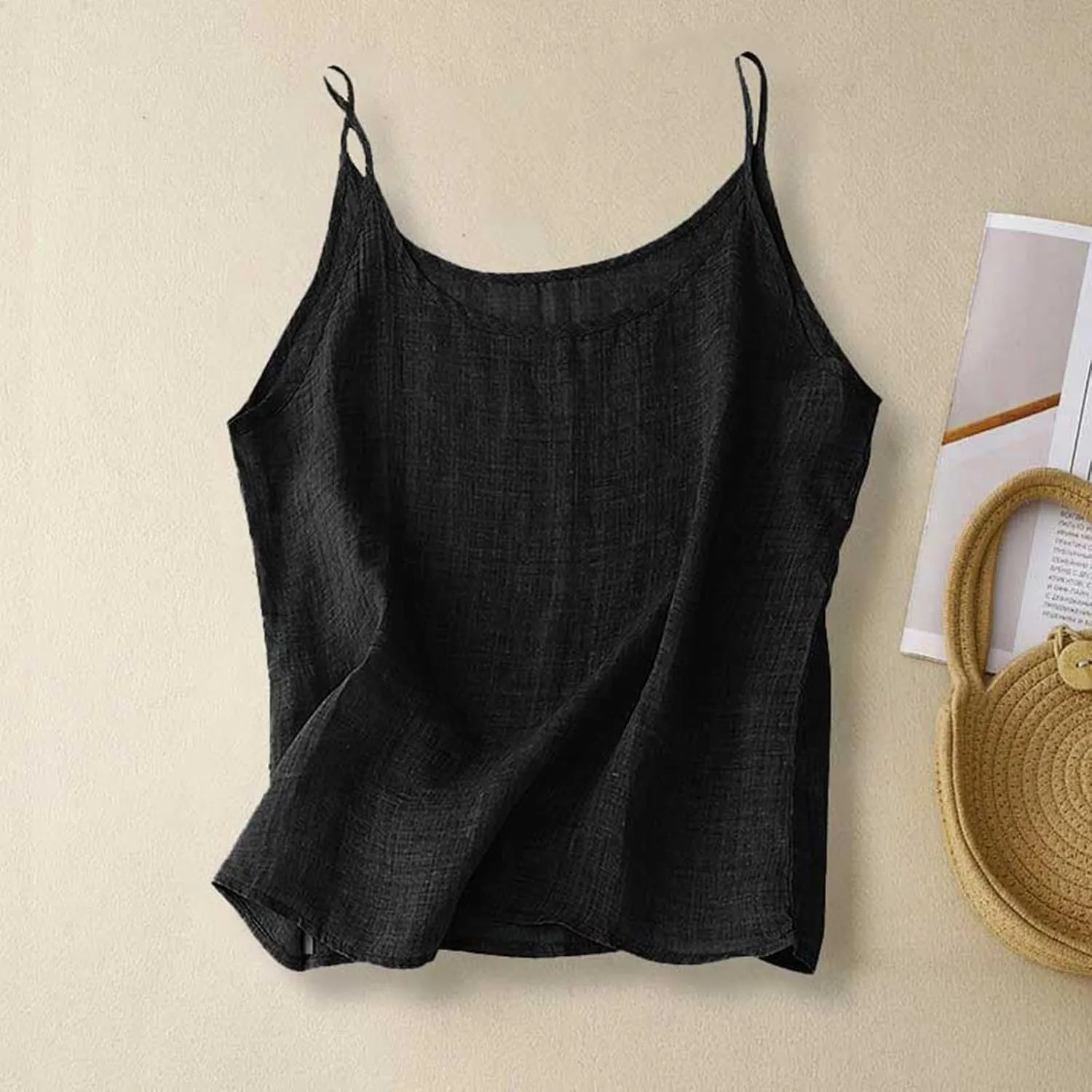 Cotton Linen Camisole Tops for Women Spaghetti Strap Loose Fit Tank Top Cami Summer Casual Sleeveless Gauze Shirts