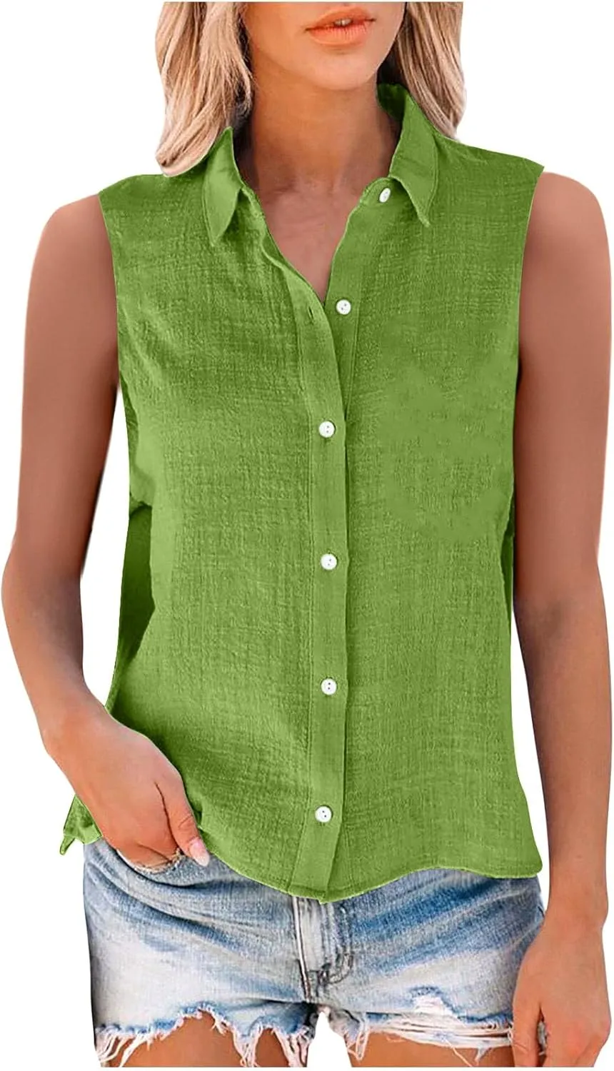 Cotton Linen Shirts for Women Sleeveless Collared Tank Tops Button Down Blouses Work Shirts Casual Summer Tshirt