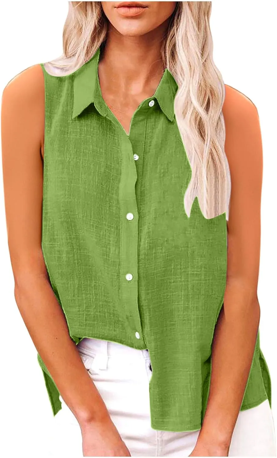 Cotton Linen Shirts for Women Sleeveless Collared Tank Tops Button Down Blouses Work Shirts Casual Summer Tshirt