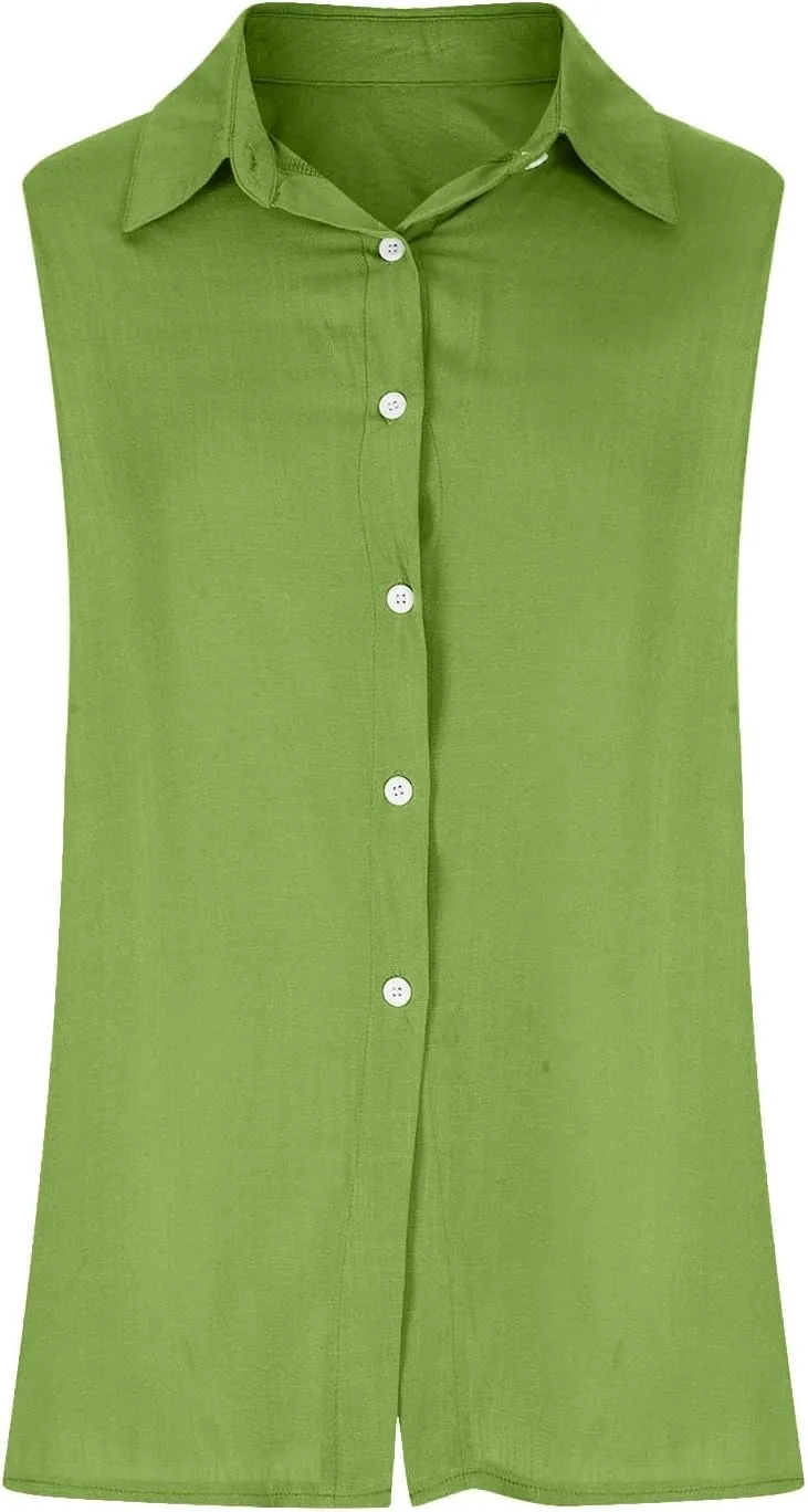 Cotton Linen Shirts for Women Sleeveless Collared Tank Tops Button Down Blouses Work Shirts Casual Summer Tshirt