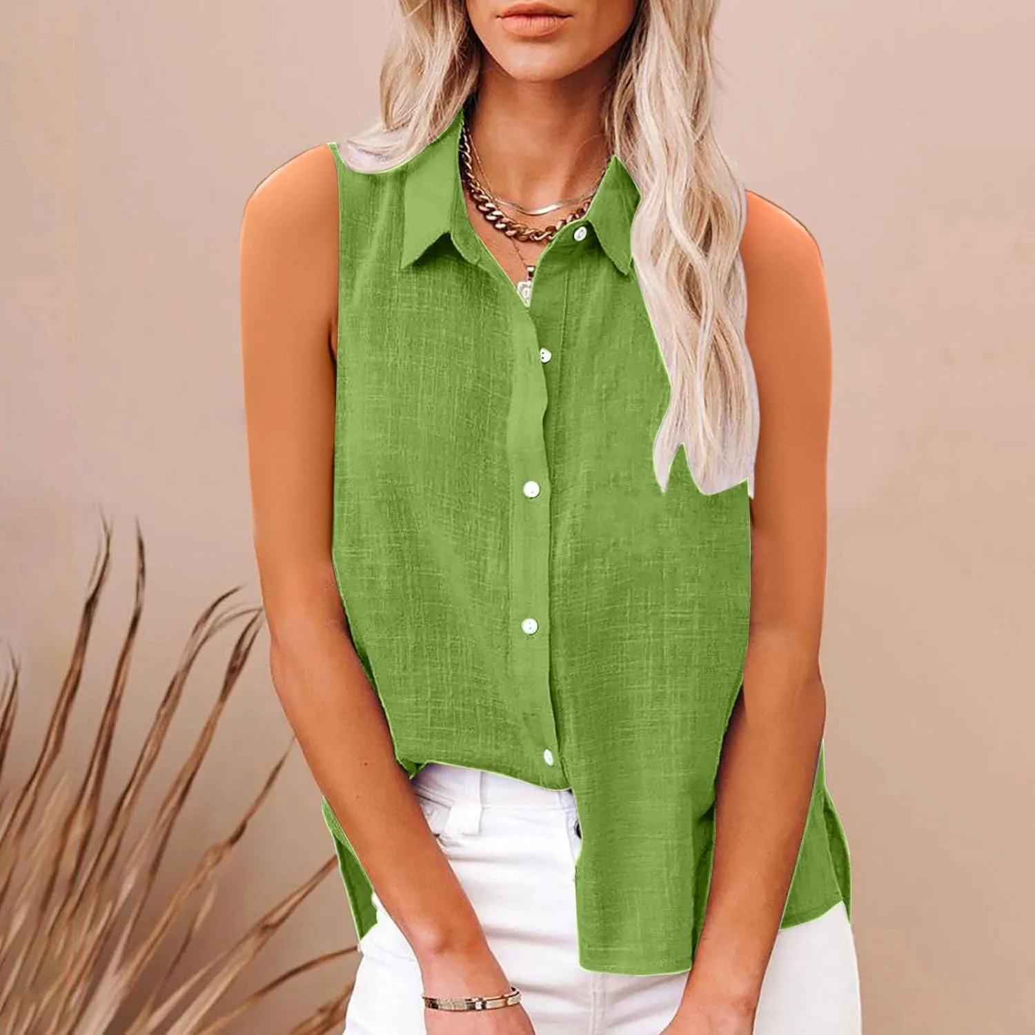 Cotton Linen Shirts for Women Sleeveless Collared Tank Tops Button Down Blouses Work Shirts Casual Summer Tshirt