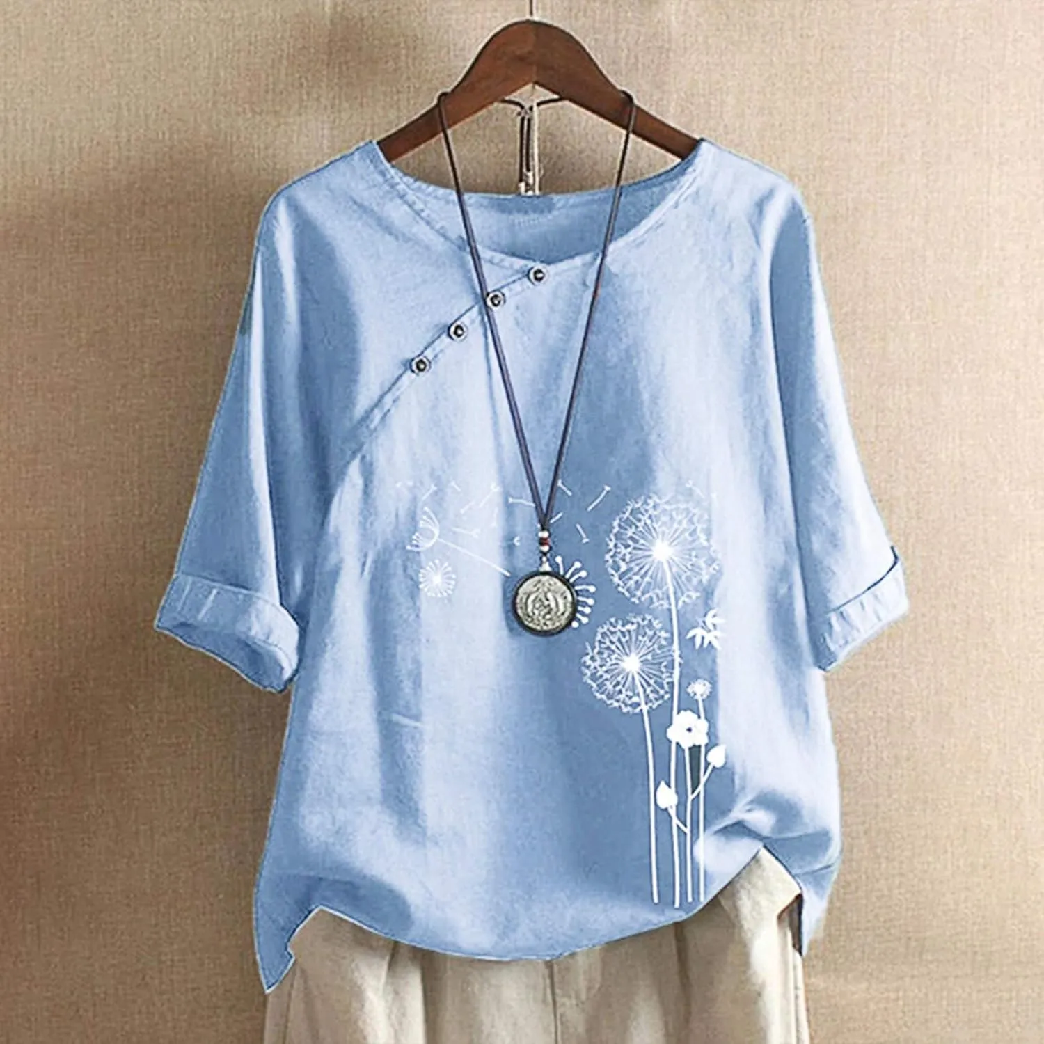 DASAYO Linen Button Down Shirt Women Half Sleeve Loose Vintage Blouses Top Dandelion Print Casual Summer Comfy Shirts Tops