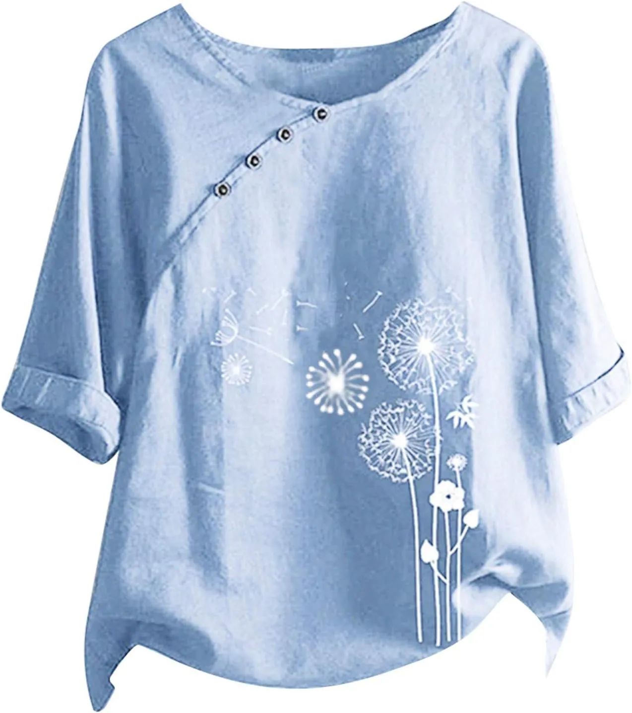 DASAYO Linen Button Down Shirt Women Half Sleeve Loose Vintage Blouses Top Dandelion Print Casual Summer Comfy Shirts Tops