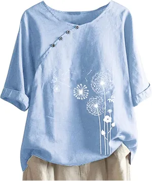 DASAYO Linen Button Down Shirt Women Half Sleeve Loose Vintage Blouses Top Dandelion Print Casual Summer Comfy Shirts Tops